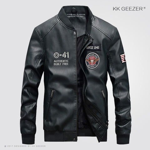Leather Jacket Men Bomber Baseball Jacket Biker Pu Coat Faux Pilot Varsity Fleece College Top Leather Black Slim Fit Motorcycle
