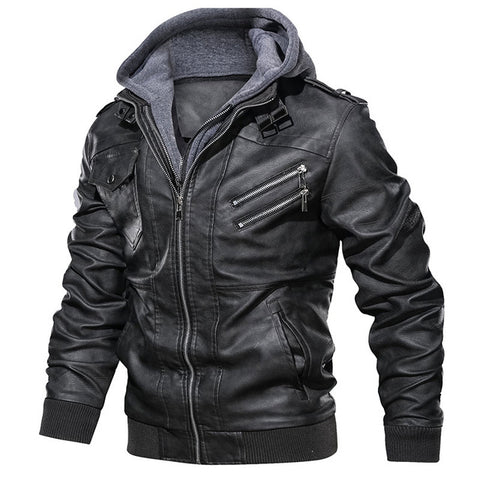 Men's Leather Jacket Casual Motorcycle Removable Hood Pu Jackets Drop Shipping