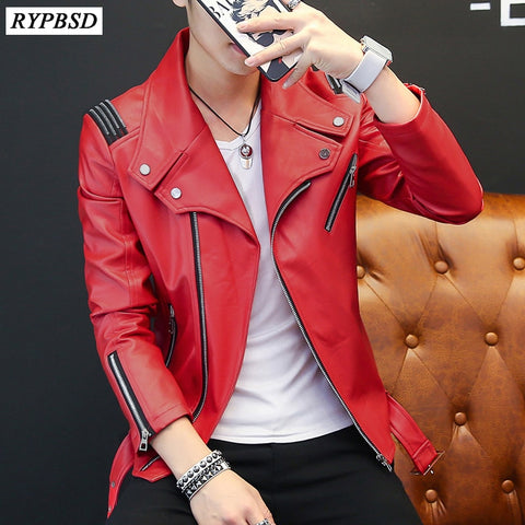 PU Mens Leather Jacket Classic Design New 2019 Fashion Red White Black Autumn Slim Zipper Biker Jacket Men Faux Leather Coat