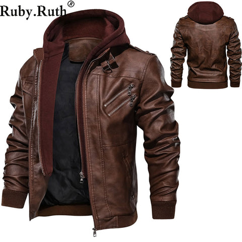 Men's Leather Jacket Casual Motorcycle Removable Hood Pu Jackets  Drop Shipping