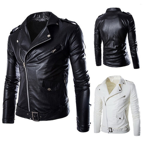 2018 Brand Autumn Spring Casual Zipper  Leather Jacket Motorcycle Leather Jacket Slim  Mens Jackets And Coats Black White